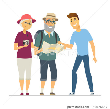 Volunteer showing senior tourists the way - flat design style illustration Volunteer showing senior tourists the way - flat design style illustration 69076657
