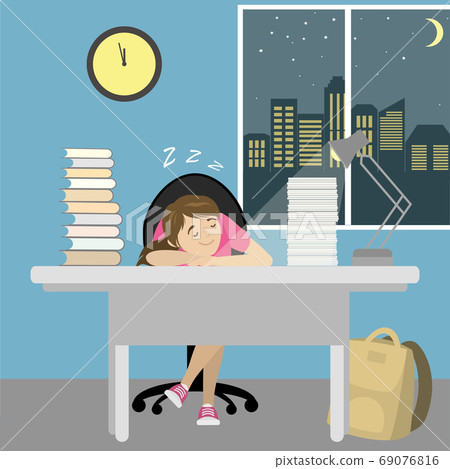 Tired teenager girl sleep at the table with books Tired teenager girl sleep at the table with books 69076816