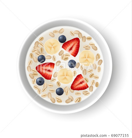 Vector realistic white bowl with milk, oat flakes, strawberries, Vector realistic white bowl with milk, oat flakes, strawberries, 69077155