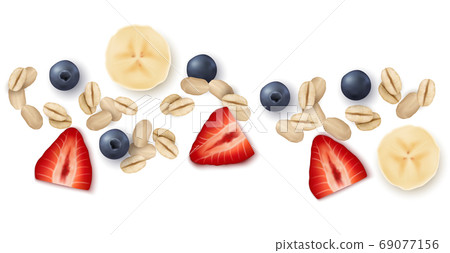 Vector realistic decorative border with oat flakes, strawberries Vector realistic decorative border with oat flakes, strawberries 69077156