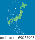 穿過日本群島的颱風路徑的圖像插圖 69078003