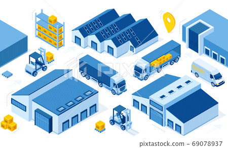 Isometric warehouse, truck, forklift and boxes Isometric warehouse, truck, forklift and boxes 69078937