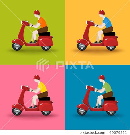 Set of red vintage scooters with men Set of red vintage scooters with men 69079231