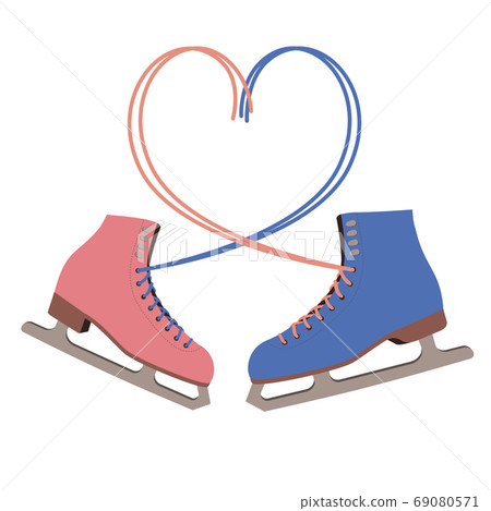Male and Female ice skating boots, with lacing heart. Hobby, recreation, togetherness, family entertainment. Date on Valentines day on rink. Vector Illustration Isolated on White Male and Female ice skating boots, with lacing heart. Hobby, recreation, togetherness, family entertainment. Date on Valentines day on rink. Vector Illustration Isolated on White 69080571