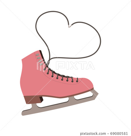Figure skating boot or shoe with lacing heart. Hobby, recreation on vacation, love to winter skate. Vector illustration in retro colors. 69080581