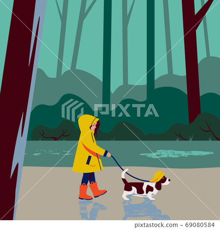 Girl in Raincoat and Rubber Boots walks Dog Girl in Raincoat and Rubber Boots walks Dog 69080584