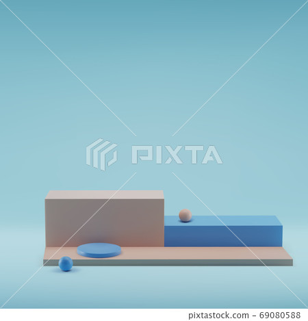 Square beige pastel podiums , on blue background Square beige pastel podiums , on blue background 69080588