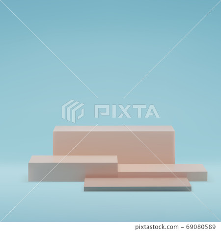 Square beige pastel podiums , on blue background 69080589