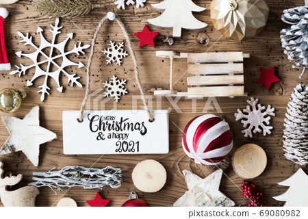 Wooden Christmas Decoration, Sign, Merry Christmas And A Happy 2021 69080982