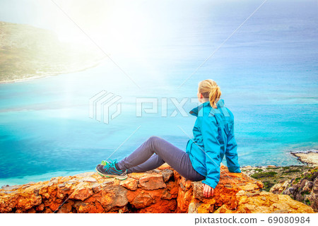 Woman On Viewpoint Above Balos Bay On Kreta 69080984