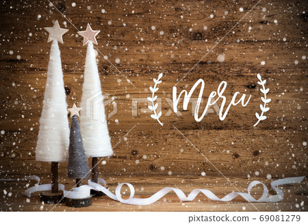 White Christmas Tree, Wooden Background, Merci White Christmas Tree, Wooden Background, Merci 69081279
