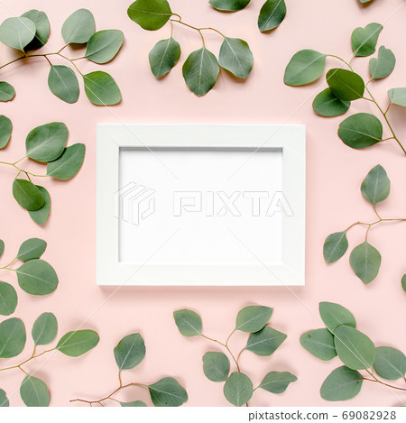White frame is decorated with green eucalyptus leaves, roses, floral pattern on a pink background. The apartment lay, top view. Floral frame. White frame is decorated with green eucalyptus leaves, roses, floral pattern on a pink background. The apartment lay, top view. Floral frame. 69082928