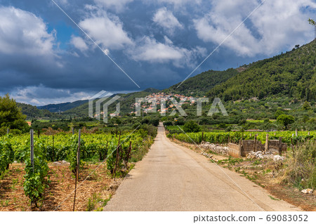 Village of Cara in green island landscape, Korcula island in Dalmatia, Croatia. Village of Cara in green island landscape, Korcula island in Dalmatia, Croatia. 69083052