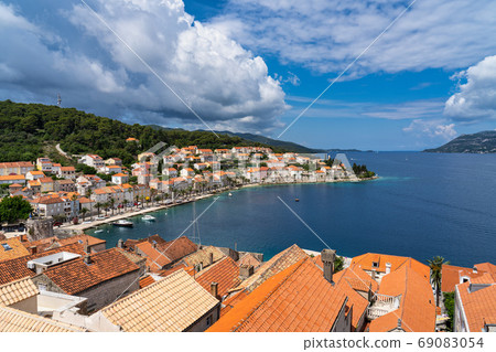 Panorama of Korcula, old medieval town in Dalmatia region, Croatia 69083054