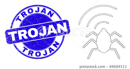 Blue Grunge Trojan Stamp and Web Mesh Radio Bug 69084511
