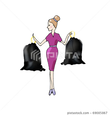 Fashionable girl with bags with garbage on white background 69085867