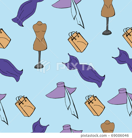 Seamless background with shopping sketches. Women's hats and accessories on a blue background. Fashion background. Seamless background with shopping sketches. Women's hats and accessories on a blue background. Fashion background. 69086046