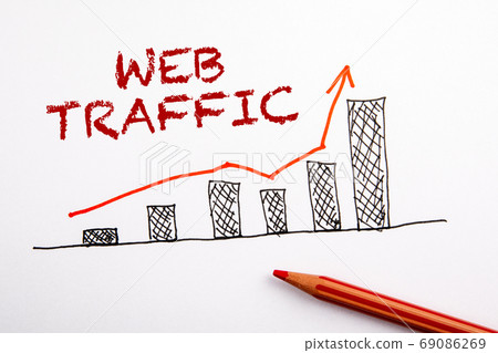 WEB TRAFFIC concept. Statistics graph with arrow. Red pencil on a sheet of paper WEB TRAFFIC concept. Statistics graph with arrow. Red pencil on a sheet of paper 69086269