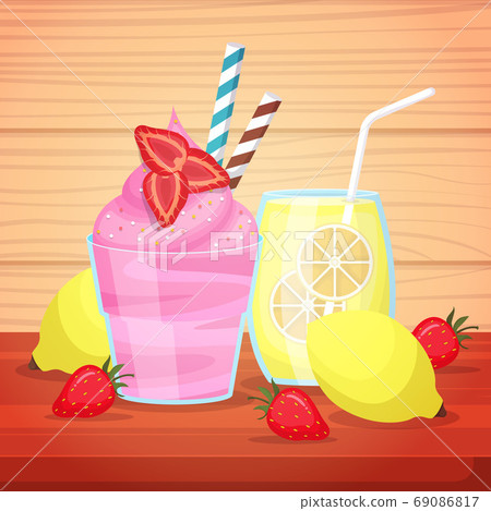 Ice Cream Lemon Juice Drink Photography Tasty Menu on Table Illustration 69086817