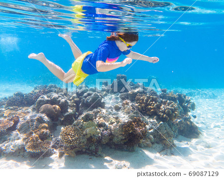 Child snorkeling. Kids underwater. Beach and sea. Child snorkeling. Kids underwater. Beach and sea. 69087129