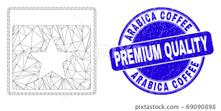 Blue Scratched Arabica Coffee Premium Quality Stamp and Web Mesh Star Calendar Page Blue Scratched Arabica Coffee Premium Quality Stamp and Web Mesh Star Calendar Page 69090898