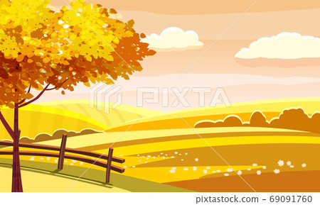Autumn landscape rural hills meadows fields countryside. Yellow orange foliage tree panorama horizon. Vector illustration isolated Autumn landscape rural hills meadows fields countryside. Yellow orange foliage tree panorama horizon. Vector illustration isolated 69091760
