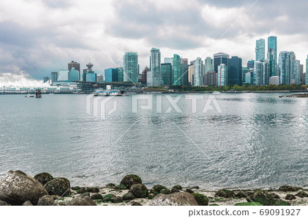 Vancouver city skyline view from Stanley Park, BC British Columbia, Canada on rainy day. Autumn travel destination. 69091927