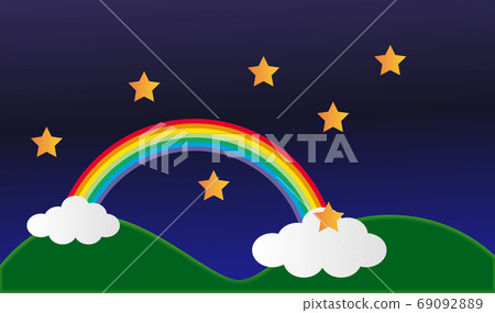 彩虹橋，星星，雲層和山脈在晚上的簡單圖解 69092889