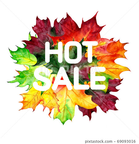 Poster designs with watercolor maple leaves. Autumn design templates. The phrase is hot sale. Hand drawn style. Illustration 69093016