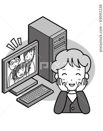 A grandmother happy to talk to a family who is away from the computer remotely 69093286