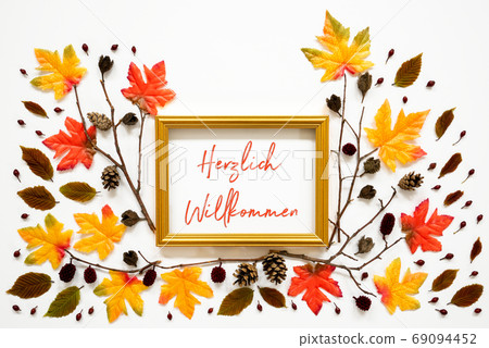 Colorful Autumn Leaf Decoration, Golden Frame, Colorful Autumn Leaf Decoration, Golden Frame, 69094452