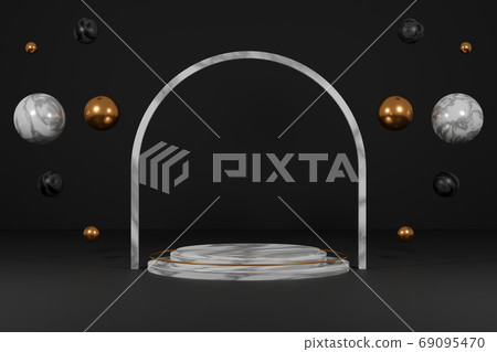 3d rendering empty marble podium with arch ,copper and marble spheres. Abstract minimal geometric design for showcase product mockups. 3d rendering empty marble podium with arch ,copper and marble spheres. Abstract minimal geometric design for showcase product mockups. 69095470