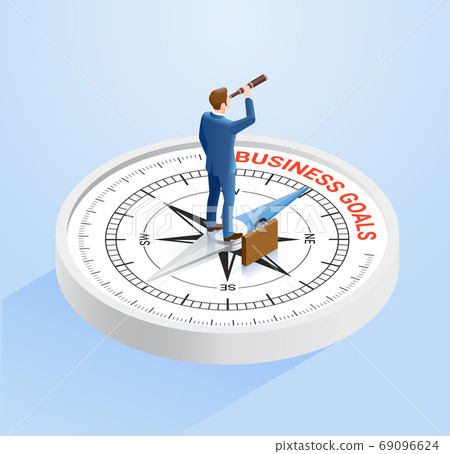 Businessman stand on the compass and holding a binoculars. Isome 69096624