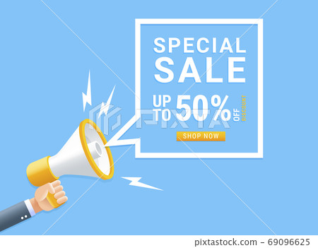 Human hand holding megaphone with bubble for special sale market Human hand holding megaphone with bubble for special sale market 69096625