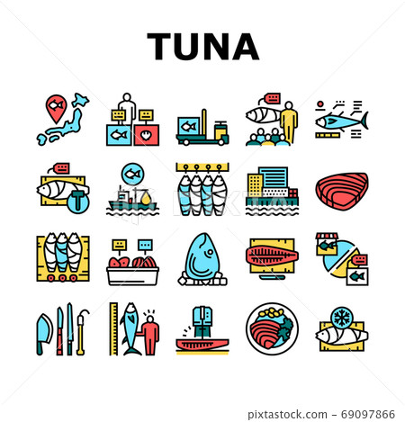 Tuna Auction Tsukiji Market Collection Icons Set Vector 69097866