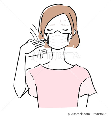 A woman wearing a mask in the summer. Illustration that is hot and sends wind by hand. A woman wearing a mask in the summer. Illustration that is hot and sends wind by hand. 69098660