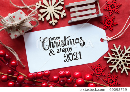 Bright Red Christmas Decoration, Label, Merry Christmas And A Happy 2021 69098739