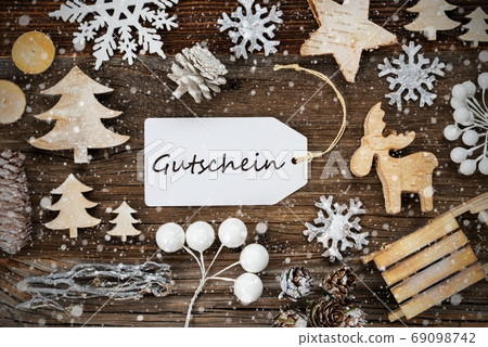 Label, Frame Of Christmas Decoration, Gutschein Means Voucher, Snowflakes Label, Frame Of Christmas Decoration, Gutschein Means Voucher, Snowflakes 69098742