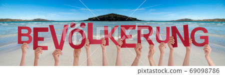 People Hands Holding Word Bevoelkerung Means Population, Ocean Background 69098786