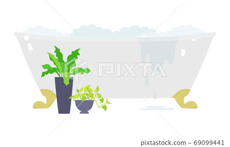 Illustration of a clean clawfoot bathtub with plants. 69099441