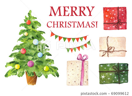 Watercolor Christmas tree with balls and presents  69099612