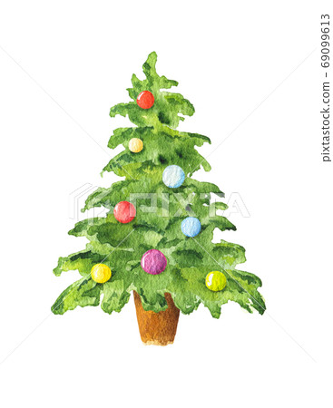 Watercolor Christmas tree with balls isolated on white 69099613