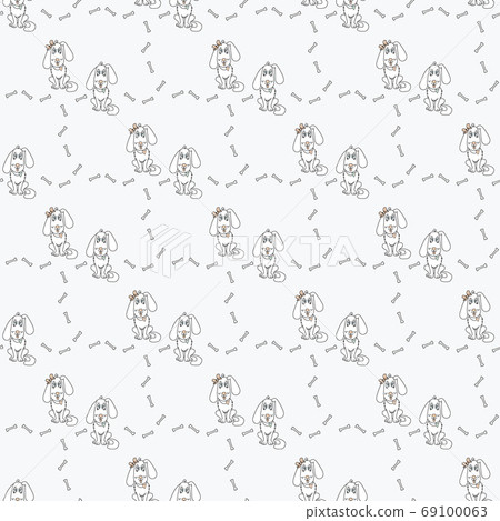 Seamless pattern with pets. Light background with cute White dogs with protruding tongue and hearts on a collar - a boy and a girl. Nearby is a pattern of scattered bones. Vector illustration Seamless pattern with pets. Light background with cute White dogs with protruding tongue and hearts on a collar - a boy and a girl. Nearby is a pattern of scattered bones. Vector illustration 69100063