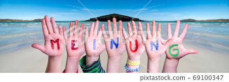 Children Hands Building Word Meinung Means Opinion, Ocean Background 69100347