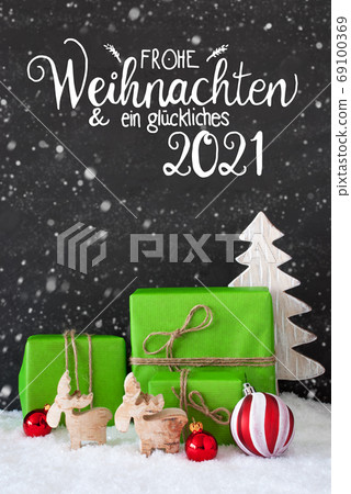 Green Gift, Ball, Snowflakes, Tree, Glueckliches 2021 Means Happy 2021 69100369