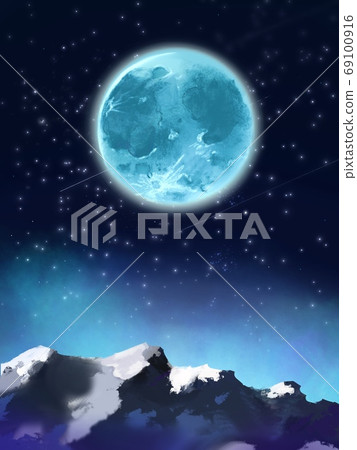 夜晚的天空,山脈和滿月的神奇插圖 夜晚的天空,山脈和滿月的神奇插圖 69100916