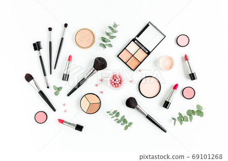 Professional decorative cosmetics, makeup tools on white background. Flat composition beauty, fashion. flat lay, top view 69101268