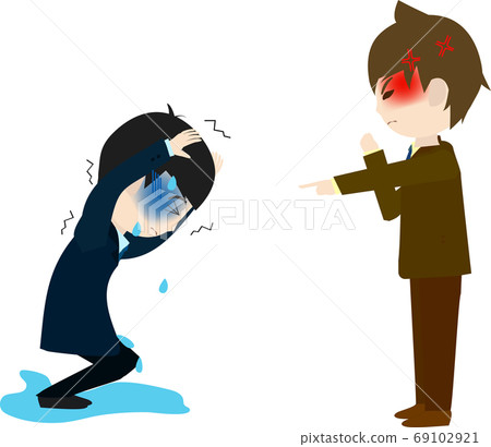 一個憤怒的商人,抱著他的頭和一個憤怒的老闆的插圖 一個憤怒的商人,抱著他的頭和一個憤怒的老闆的插圖 69102921