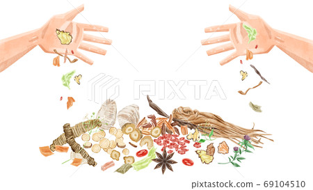 Chinese herbal medicine illustration spilling from palm 69104510