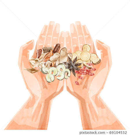 Illustration with herbal medicine on the palm 69104532
